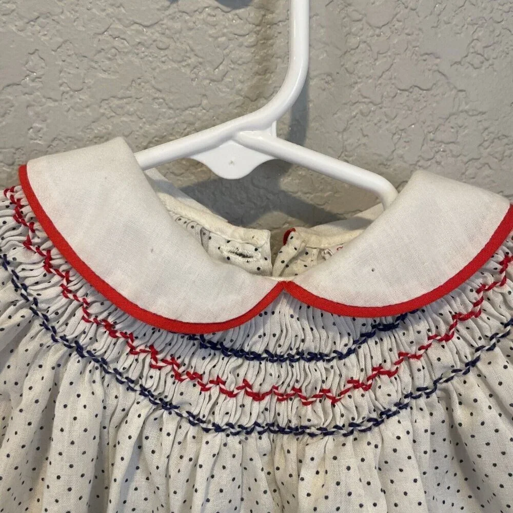 Vintage The Smockery Red White Polka Dot Smocked Dress Size Puff Sleeves 3-6M